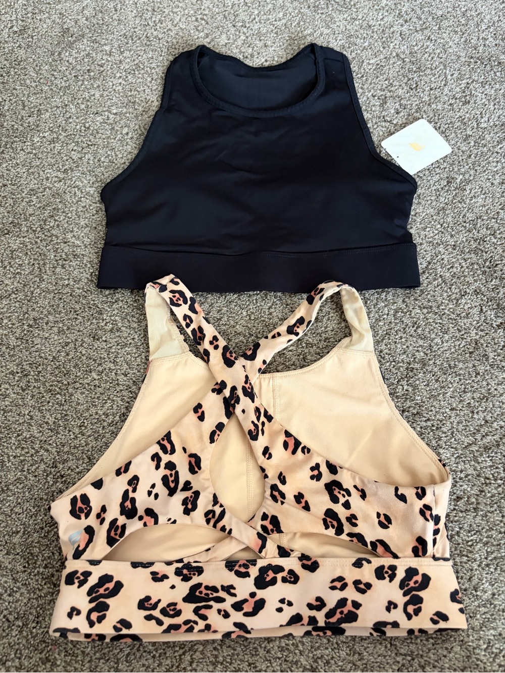 Black Crop Sports Bra + Leopard Print Strappy Sports Bra Set